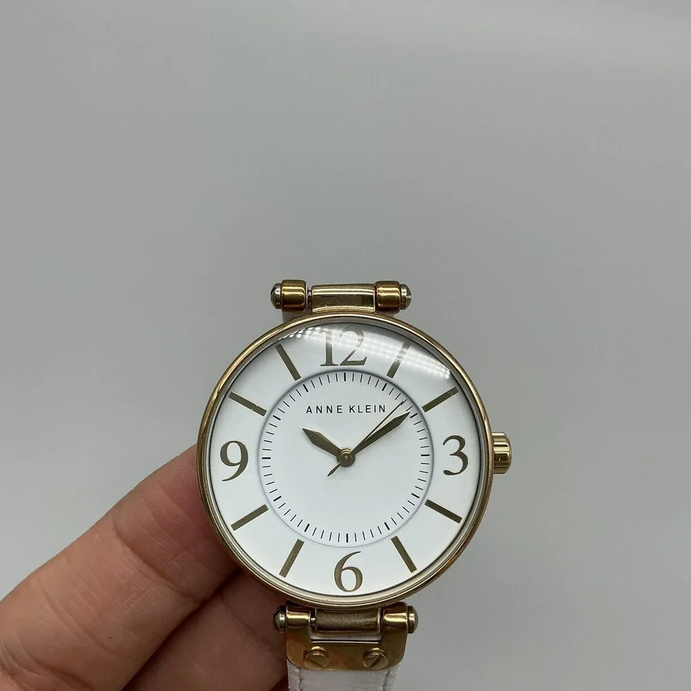 Anne Klein Womens Watch 34mm Gold Tone White Leather Classic New Battery